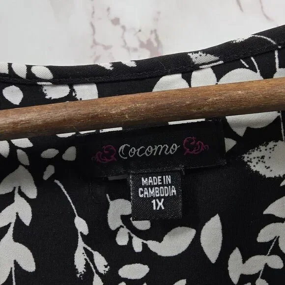 Cocomo Dress Womens 1X Black White Maxi Long V Neck Stretchy Knit Botanical - Picture 3 of 10